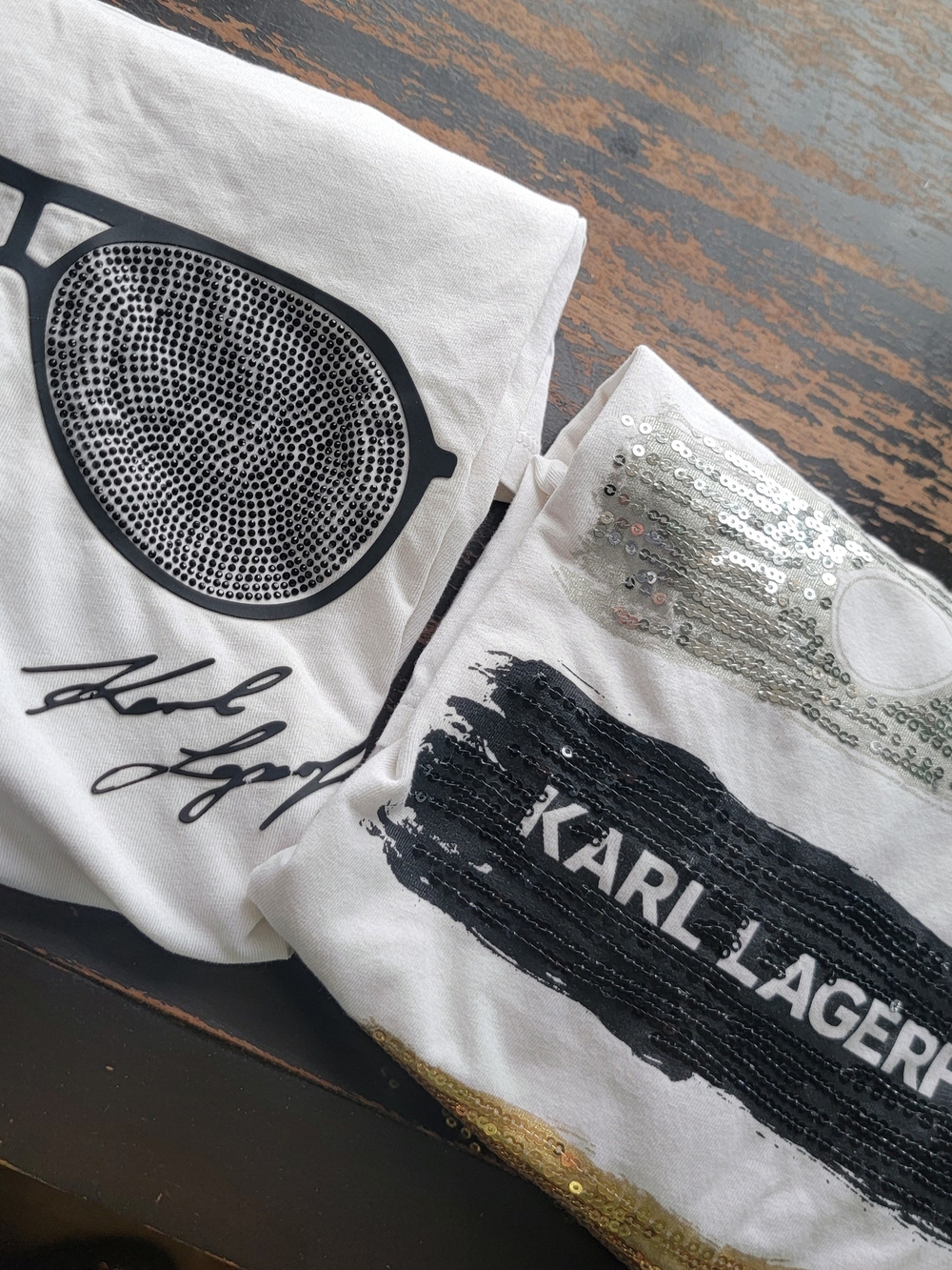 2 Karl Lagerfeld White Sequin Graphic Tees